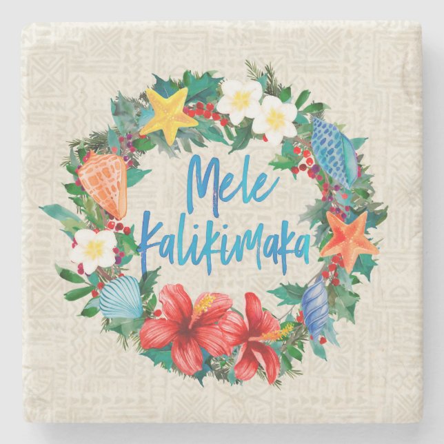 Posavasos De Piedra Guirnalda hawaiana del navidad de Mele Kalikimaka (Anverso)
