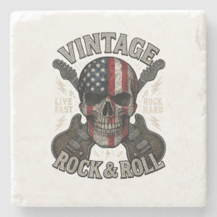 Posavasos De Piedra Guitar Rock Retro Bandera Americana Calavera Vinta