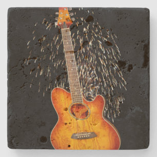 Posavasos De Piedra Guitarra Marrón Dorada Con Fuegos Artificiales,