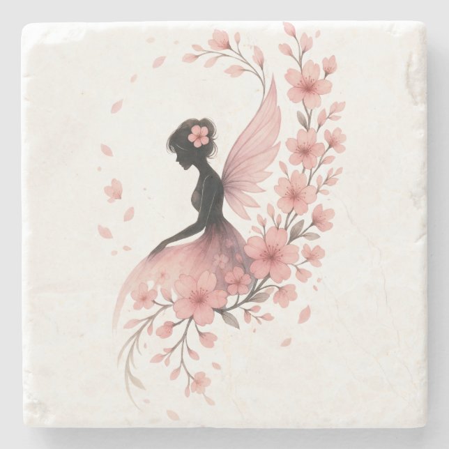 Posavasos De Piedra Hada Rosa con Flores de Sakura (Anverso)