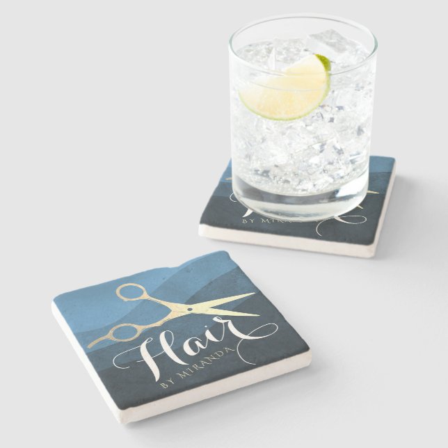 Posavasos De Piedra Hair Salon Hairstylist modernas tijeras azules y d (Lateral)