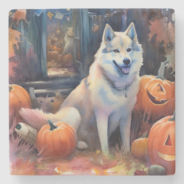 Posavasos De Piedra Halloween Alaskan Malamute con calabazas aterrador (Anverso)