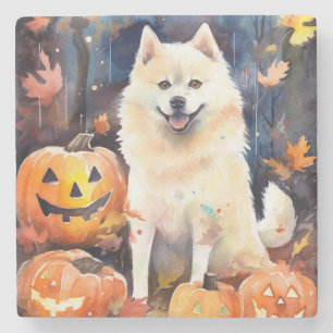Posavasos De Piedra Halloween American Akita con calabazas aterradoras