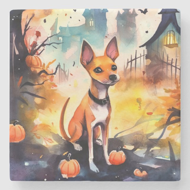 Posavasos De Piedra Halloween Basenji con calabazas temerosas (Anverso)
