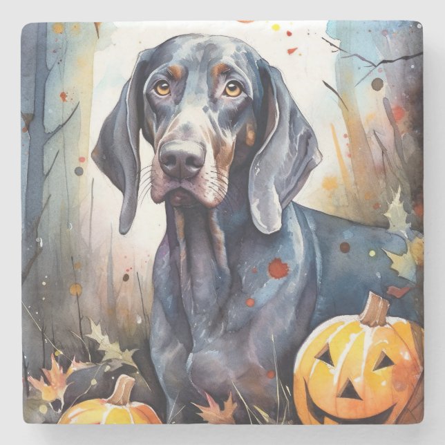 Posavasos De Piedra Halloween Bluetick Coonhound con calabazas aterrad (Anverso)
