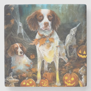 Posavasos De Piedra Halloween Brittany Spaniel con Calabazas Espeluzna