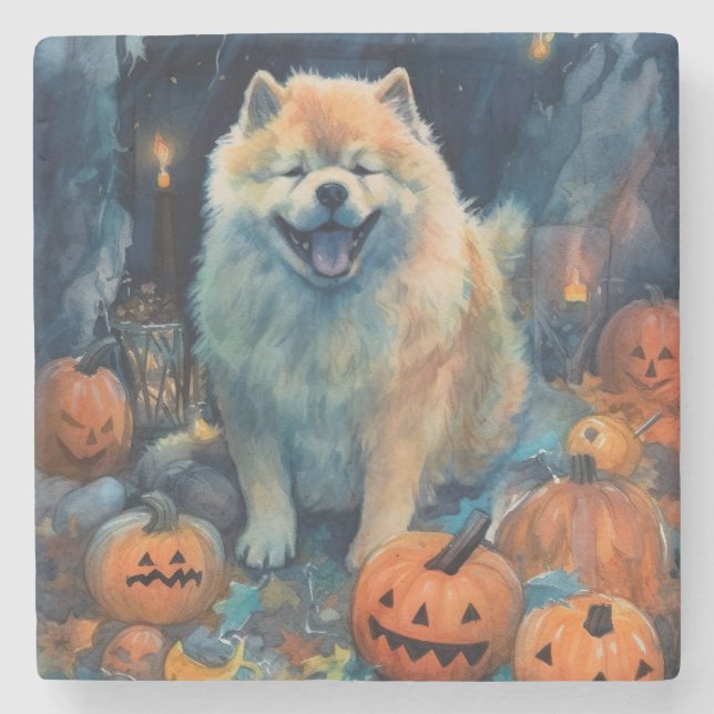 Posavasos De Piedra Halloween Chow Chow Con Calabazas Asustadas (Anverso)