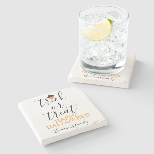Posavasos De Piedra Halloween con escritura moderna o truco (Lateral)