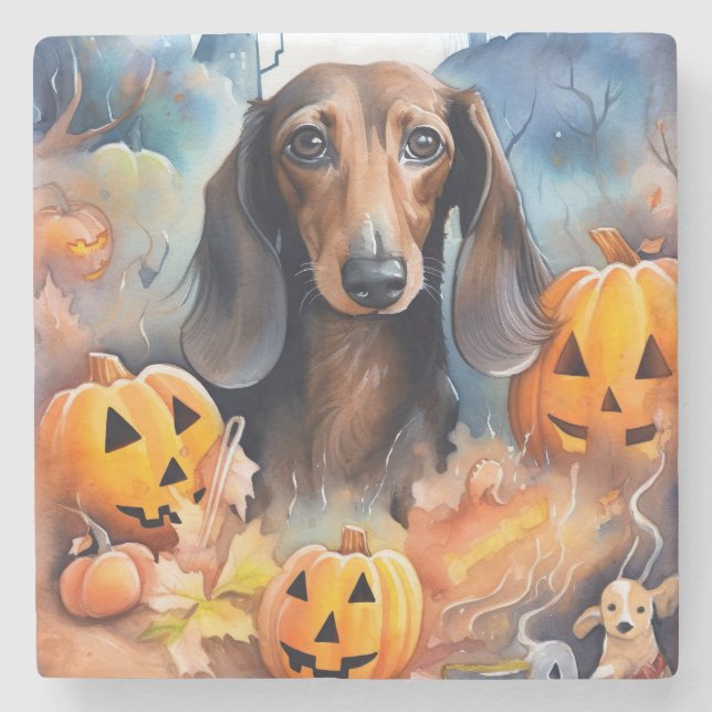 Posavasos De Piedra Halloween de Dachshund con calabazas aterradoras (Anverso)