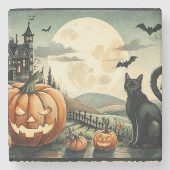 Posavasos De Piedra Halloween/otoño/otoño/otoño/calabaza/gato (Anverso)