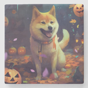 Posavasos De Piedra Halloween Shiba Inu con calabazas aterradoras