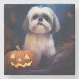 Posavasos De Piedra Halloween Shih Tzu con calabazas aterradoras