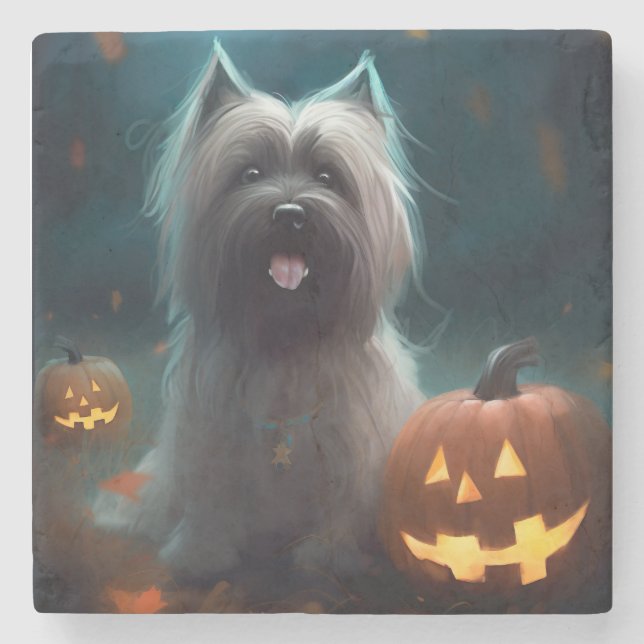 Posavasos De Piedra Halloween Skye Terrier con calabazas aterradoras (Anverso)