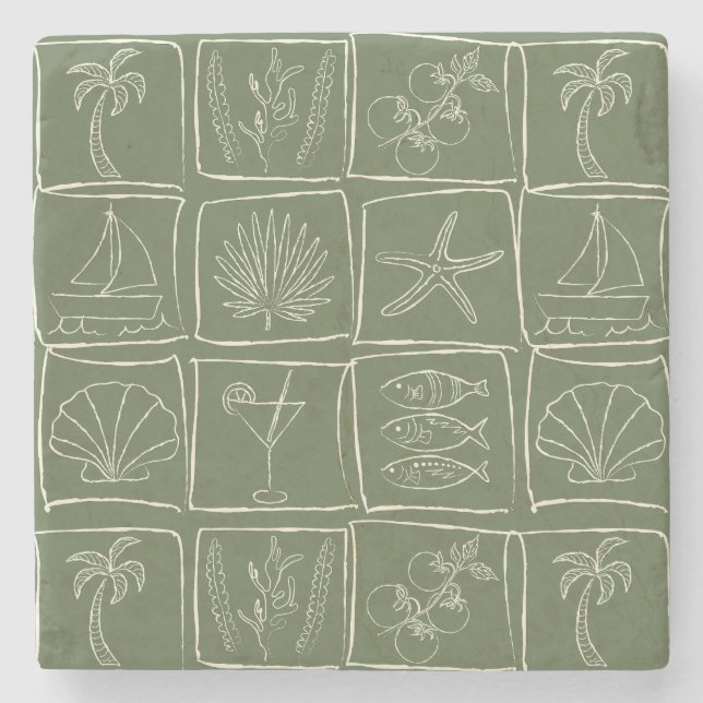 Posavasos De Piedra Hand-Drawn Mediterranean Faux Tile Olive Grove (Anverso)