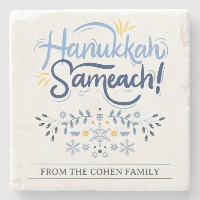 Posavasos De Piedra Hanukkah Sameach | Familia Hanukkah simple y elega (Anverso)