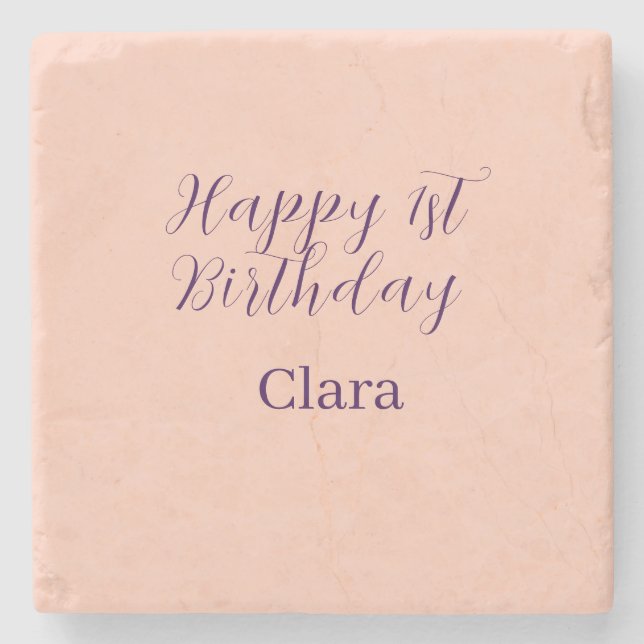 Posavasos De Piedra Happy 1st birthday orange purple boho retro name  (Anverso)
