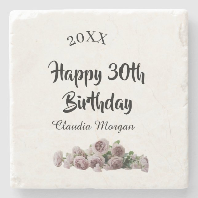 Posavasos De Piedra Happy 30th birthday pink white mauve floral name y (Anverso)
