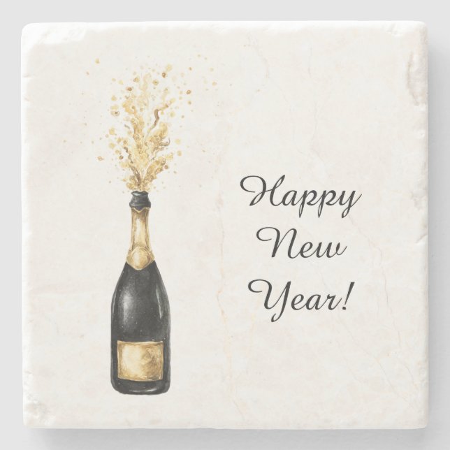 Posavasos De Piedra Happy New Year Gold Bottle (Anverso)