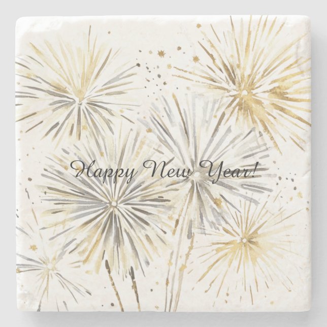 Posavasos De Piedra Happy New Year Gold Silver Fireworks (Anverso)