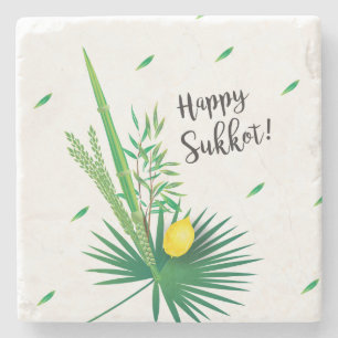 Posavasos De Piedra Happy Sukkot Lulav y Etrog Watercolor Pattern