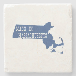 Posavasos De Piedra Hecho en azul, el estado de Massachusetts en la ba
