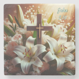 Posavasos De Piedra Hermosa cruz de lirio de Pascua