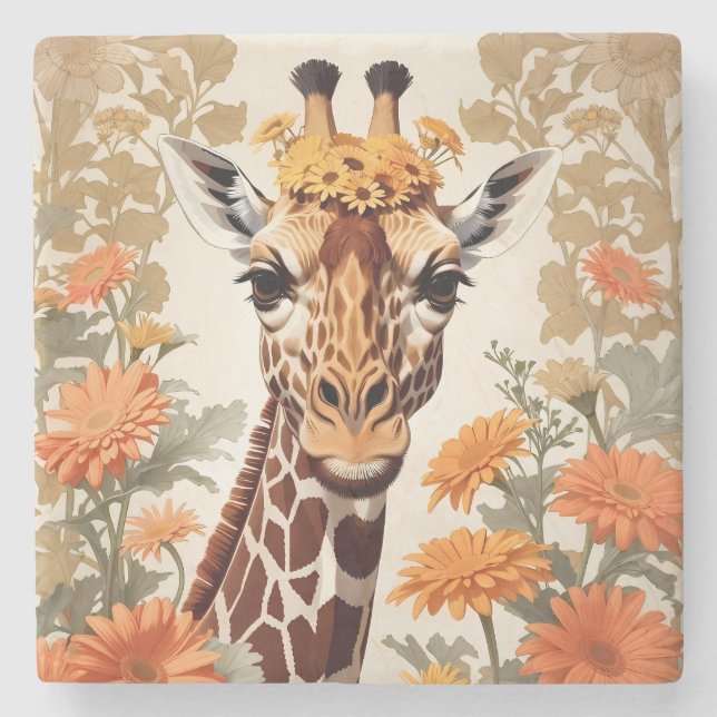 Posavasos De Piedra Hermosa jirafa y flores de margarita de Gerbera (Anverso)