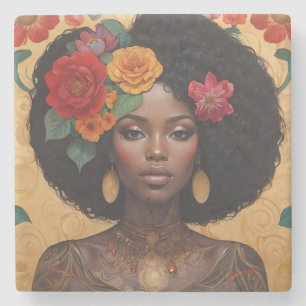 Posavasos De Piedra Hermosa mujer afroamericana con flores