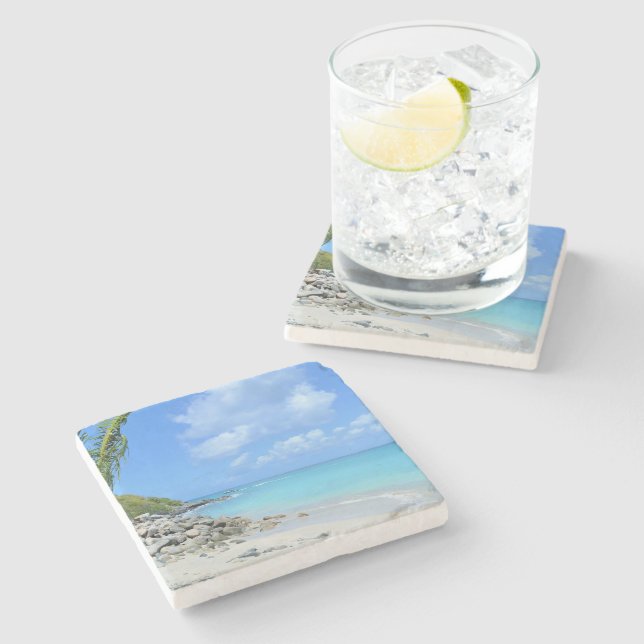 Posavasos De Piedra Hermosa playa tropical turquesa (Lateral)