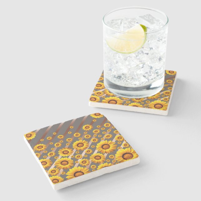 Posavasos De Piedra Hermosas flores amarillas sobre rayas grises y mar (Lateral)