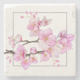 Posavasos De Piedra Hermosas flores de cerezo acuarela rosa