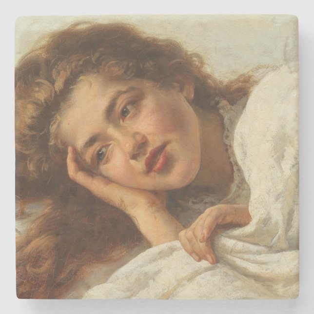 Posavasos De Piedra Hermoso Chica en cama con pelo rojo (Anverso)