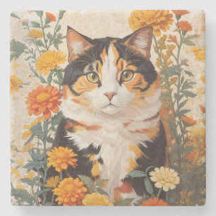 Posavasos De Piedra Hermoso Gato Calico Con Flores Marigold