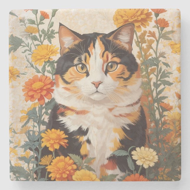 Posavasos De Piedra Hermoso Gato Calico Con Flores Marigold (Anverso)
