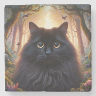 Posavasos De Piedra Hermoso Gato Negro Fluffy con Ojos de Oro