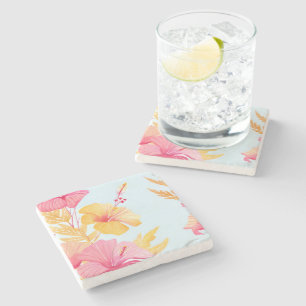 Posavasos De Piedra Hermoso Hibisco Acuarela de Flor Tropical