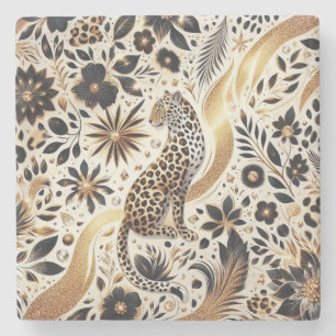 Posavasos De Piedra Hermoso leopardo y Purpurina de oro