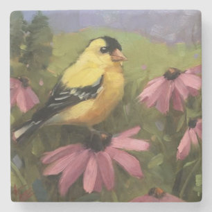 Posavasos De Piedra Hermoso Pájaro Amarillo Arte Refinado