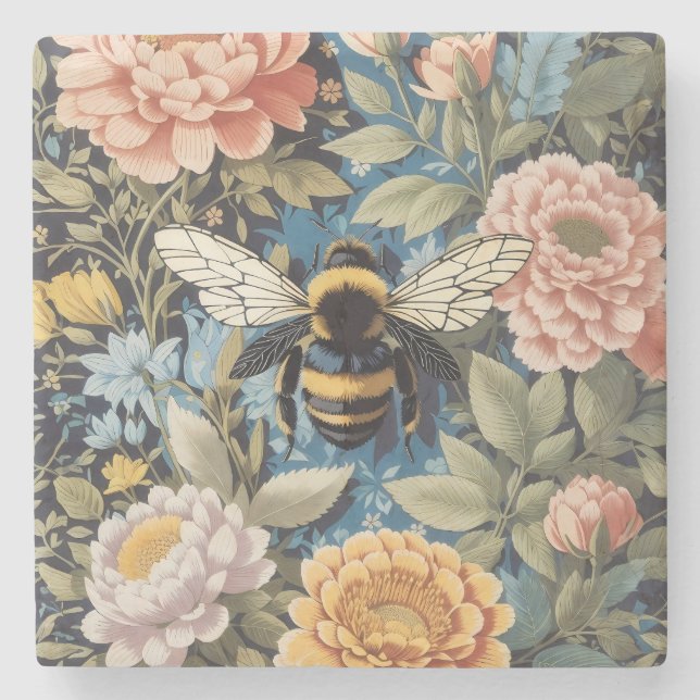 Posavasos De Piedra Hermoso Pastel Floral Y Bumblebee (Anverso)