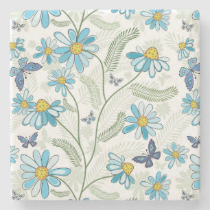 Posavasos De Piedra Hermoso patrón de floral azul Pastel dibujado a ma