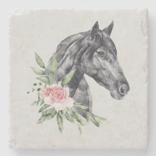 Posavasos De Piedra Hermoso retrato de cabeza de caballo negro (Anverso)
