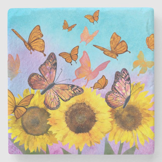 Posavasos De Piedra Hermoso Sunflowers Butterflies Flower Garden (Anverso)