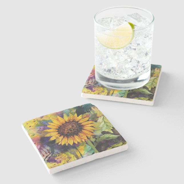 Posavasos De Piedra Hermosos girasoles en acuarela (Lateral)
