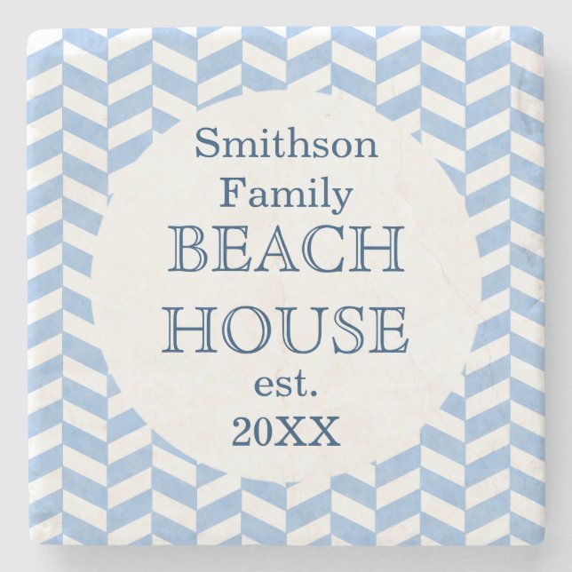 Posavasos De Piedra Herringbone Blue White Beach House Personalizado (Anverso)