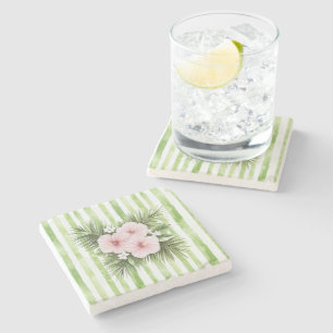 Posavasos De Piedra Hibisco Rosa Flores Rayas Verdes  