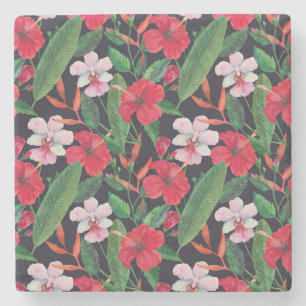 Posavasos De Piedra hibiscos rojos, orquídeas, acuarela tropical.