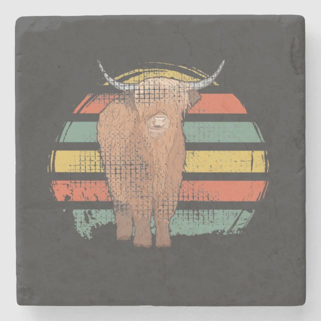 Posavasos De Piedra Highland Cow Retro (Anverso)