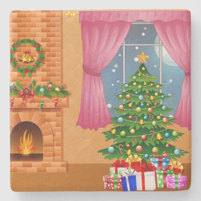 Posavasos De Piedra Hogar festivo para Navidades (Anverso)