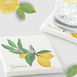 Posavasos De Piedra Hoja de Limón Personalizada | Nombre en Verde Amar