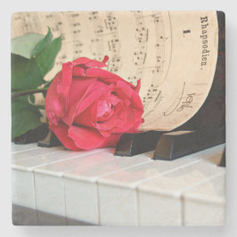 Posavasos De Piedra Hoja de Música Rosa Roja y Piano
